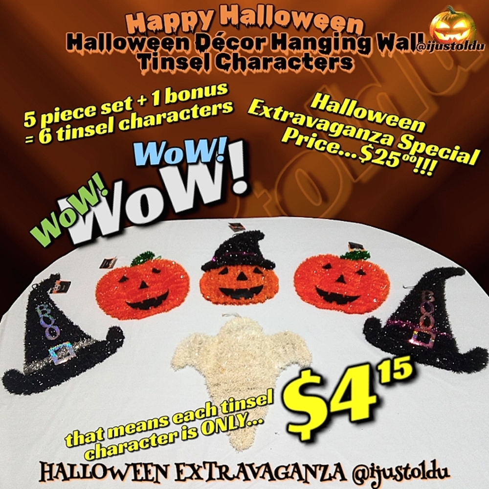 Greenbrier Int Halloween Décor Hanging Wall Tinsel Pumpkins & Witches Hats 5 pc